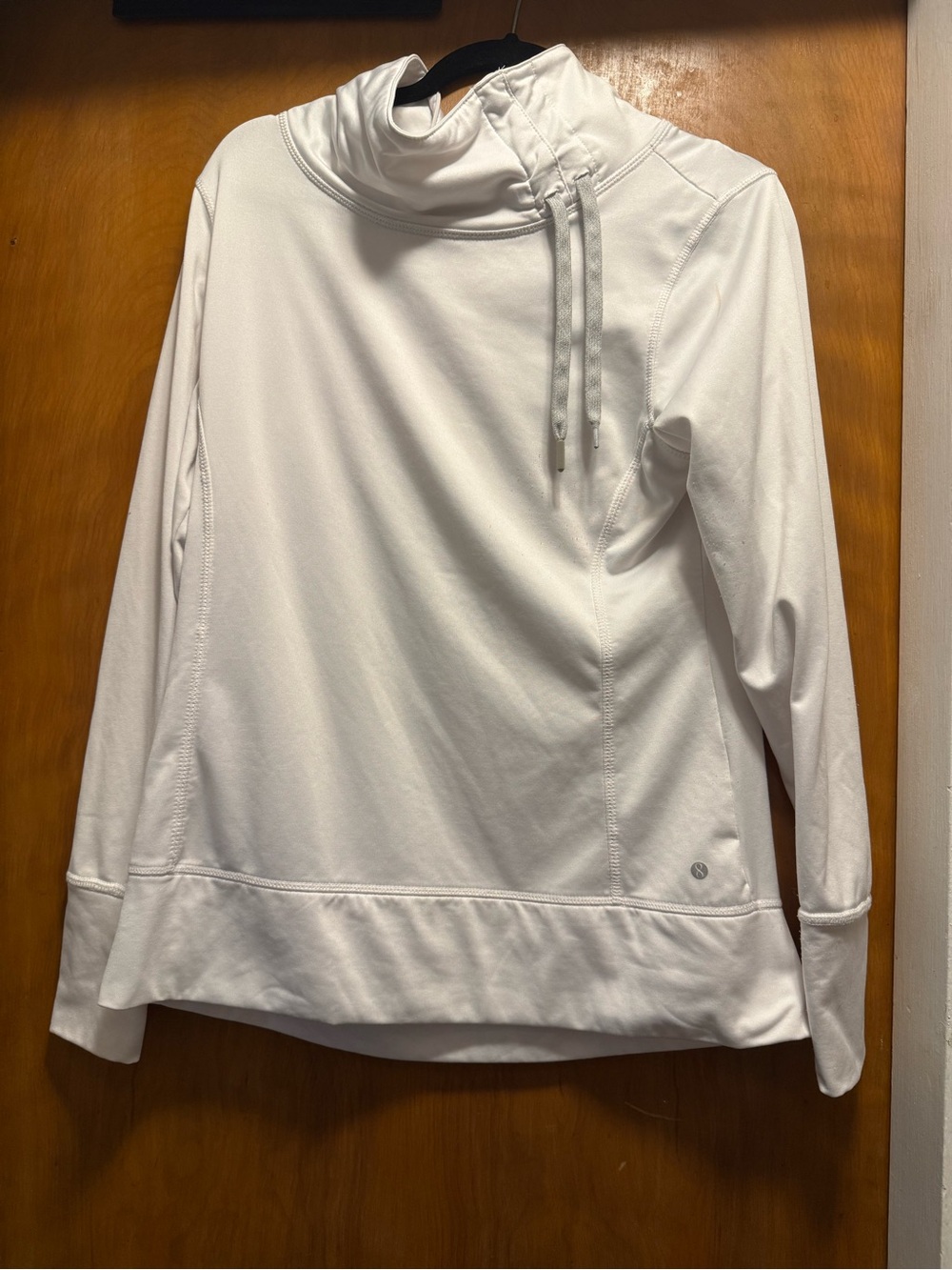 Women's White Long-Sleeve Drawstring Funnel Neck Top